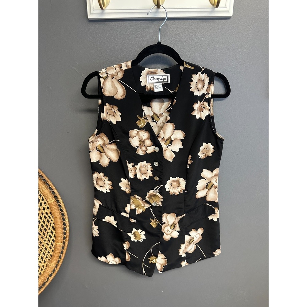 Vintage 90s Christy Lyn Top Black Floral Sleeveless Button Vest Modest Classic
